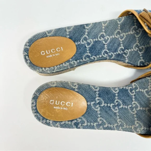 Gucci Vintage 90s Y2K Interlocking GG Logo Sandals Slides Heels Denim Blue 38 8 - Picture 7 of 11